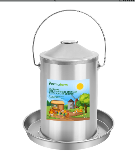 Permafarm Chicken Waterer 3L / 0.8Gal, 304 Food-Grade Stainless Steel Poultry Waterer