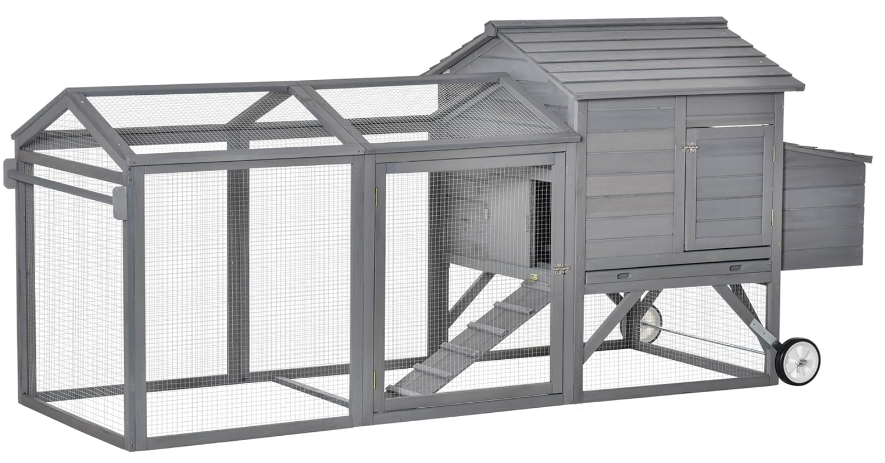 PawHut 96.5" Chicken Coop Wooden Hen House Poultry Cage Pen Portable with Wheels and Nesting Box, Chicken Cage for Backyard Outdoor, Gray