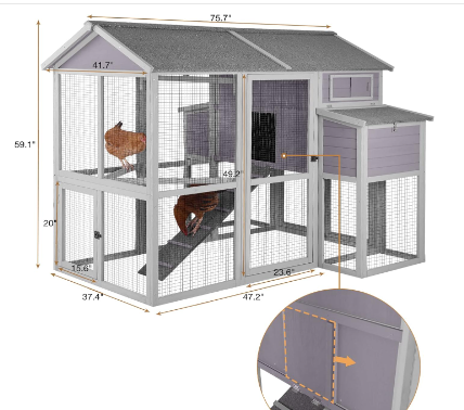 GUTINNEEN Large Chicken Coops for 6-10 Chickens, Hen House with 2 Nesting Boxes, Poultry Cage with Ramps and Run, Waterproof Roof