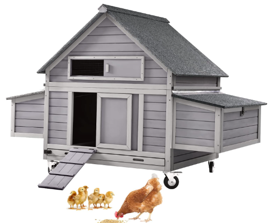 Chicken Coop Poultry Cage on Wheels Outdoor Duck Coop Wooden Hen House with Large Nesting Box, Movable