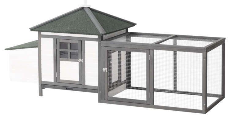 PawHut 77" Wooden Chicken Coop with Nesting Box, Cute Outdoor Hen House with Removable Tray, Ramp Run, for Garden Backyard, Gray